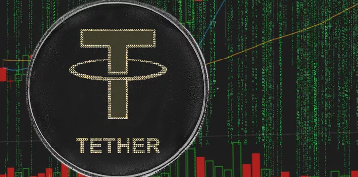 Tether on the green matrix background of binary price chart