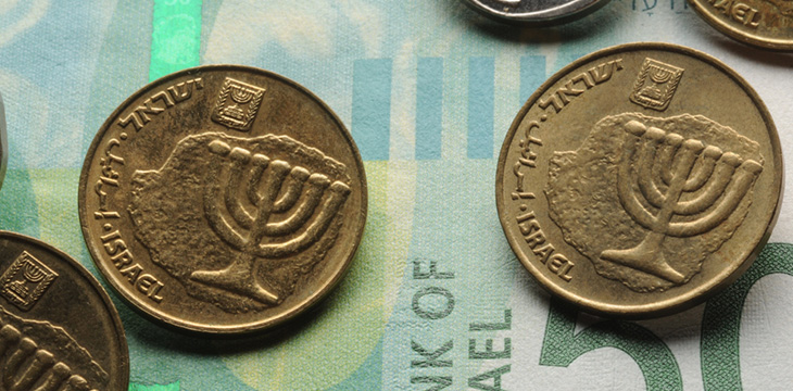 Close up of Israeli coins on banknote