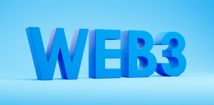 Big web3 letters on wide format blue background.